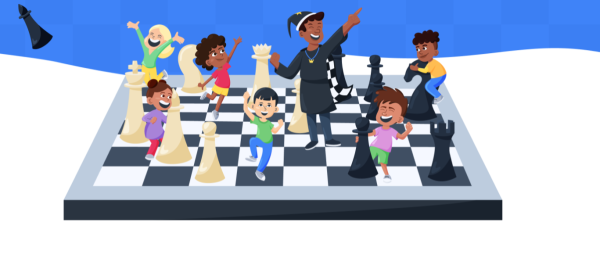 Chess Wizard and Children standing on chessboard