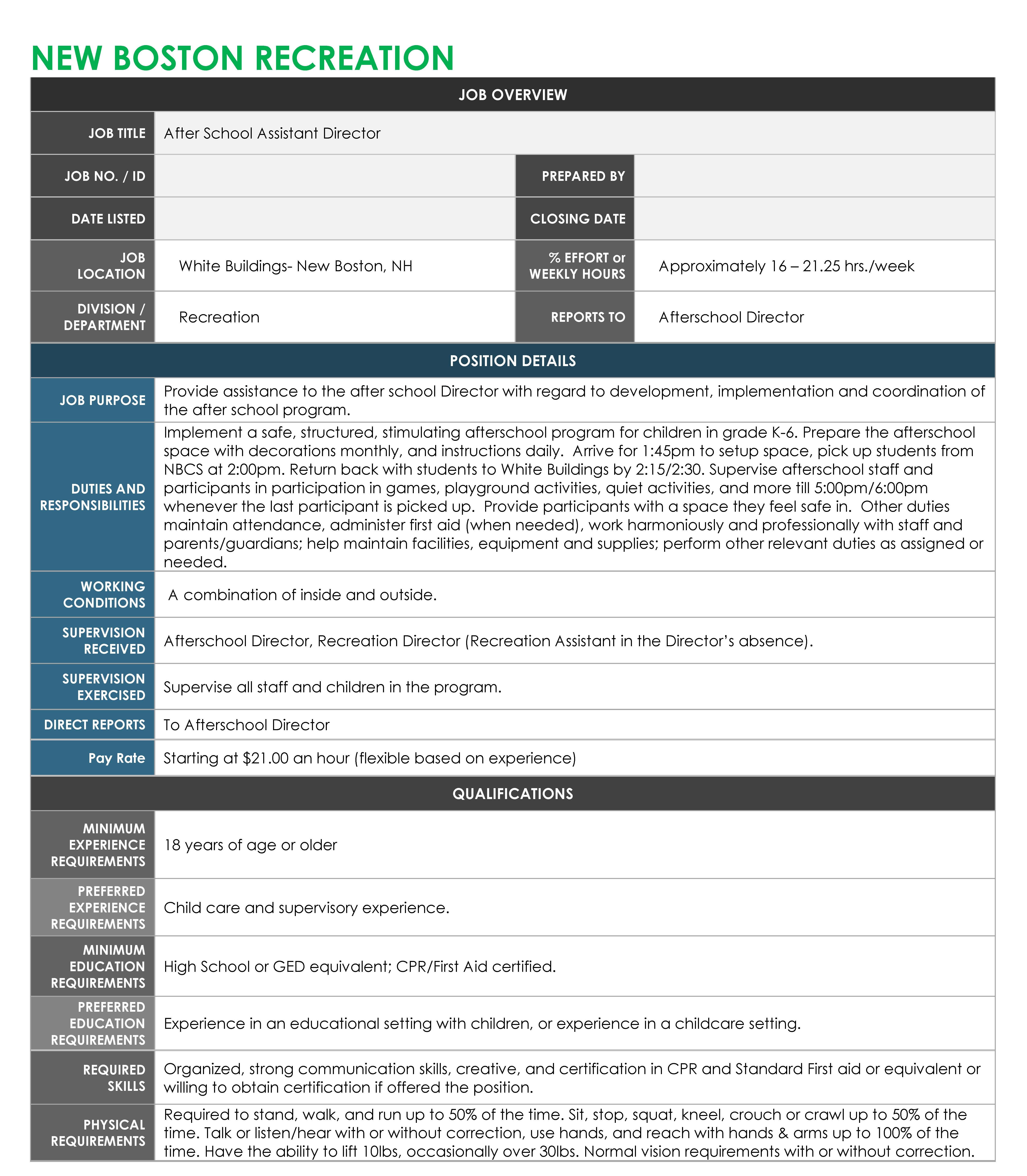 New Boston Employment Opportunity After School Assistant Director