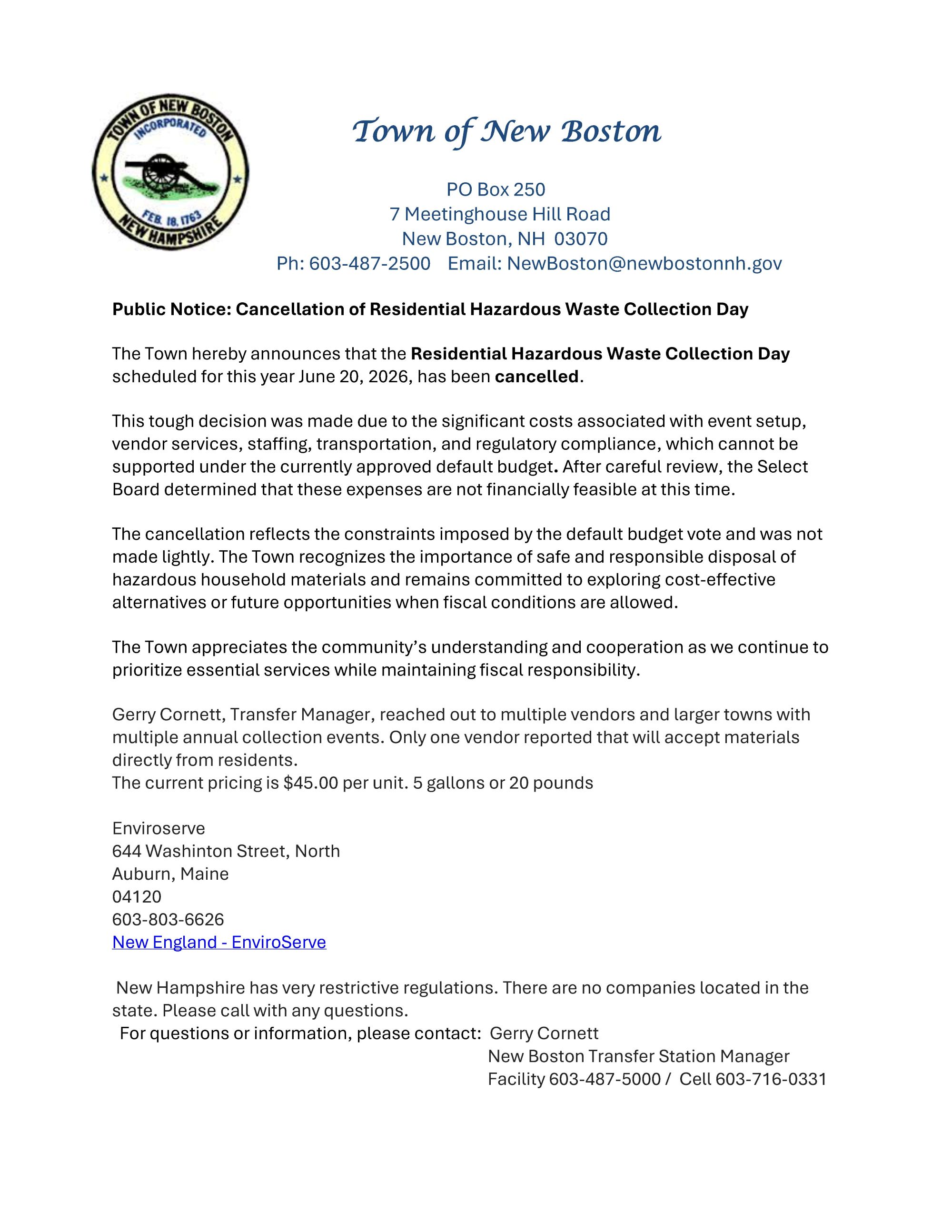 Hazardous Waste Collection Day scheduled for June 20, 2026 has been cancelled