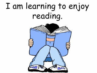 I am learning to enjoy reading, boy opening book animated.