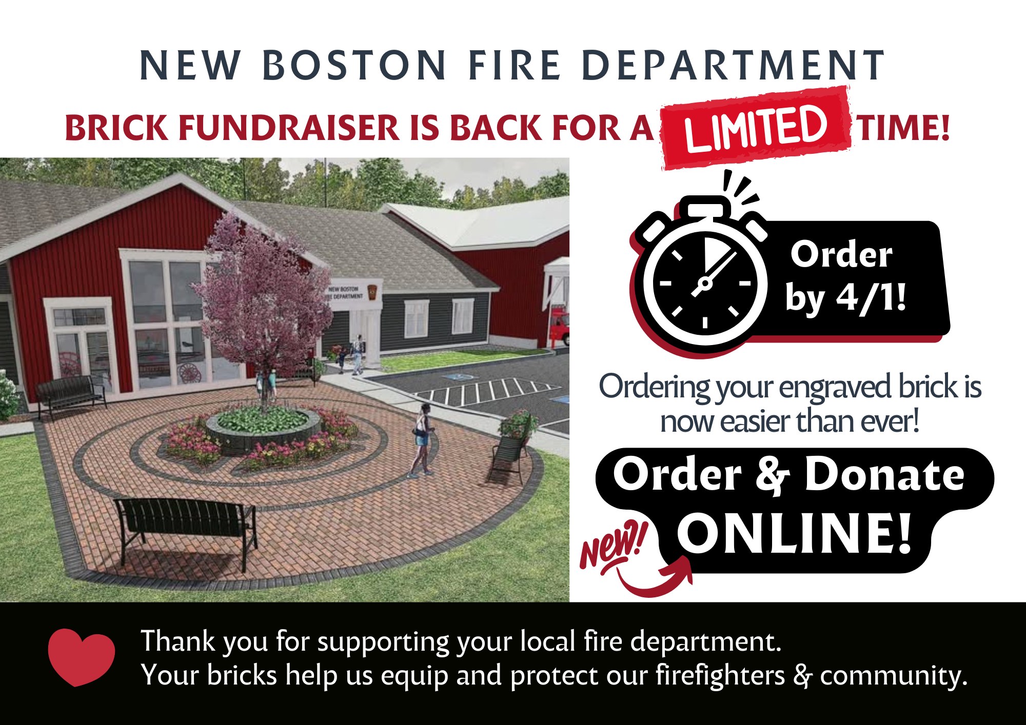New Boston Fire Department - Brick Fundraiser is Back. Order and Donate online by April 1st.